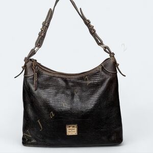 Dooney & Bourke Brown Lizard Embossed Leather Hobo Bag Gold Logo Shoulder Purse